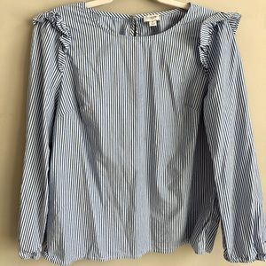 J.Crew Factory Nautical Blue White Stripe Ruffle Long Sleeve Shirt Top Blouse S